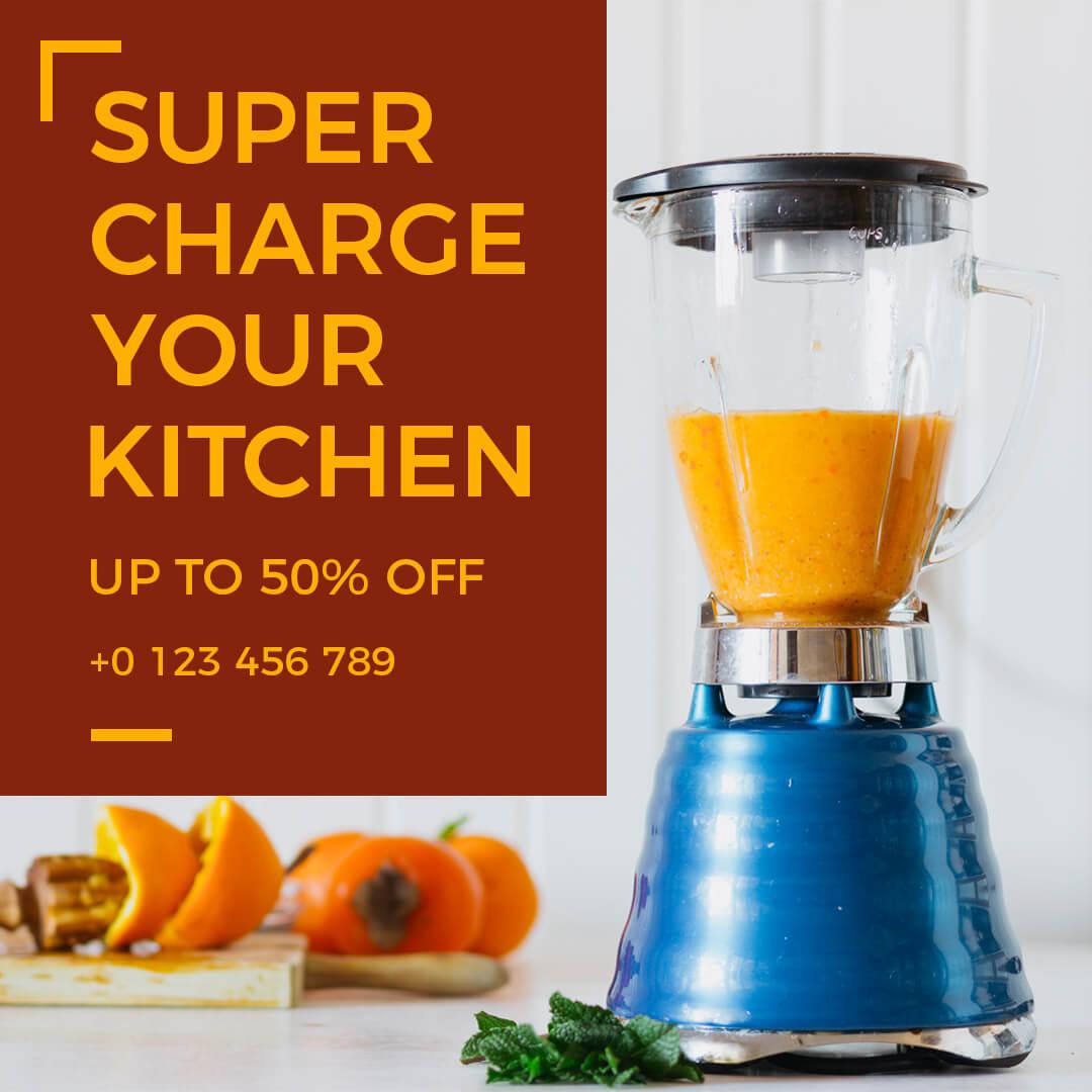 Bright Blue Blender for Kitchen Power Savings Ad Template