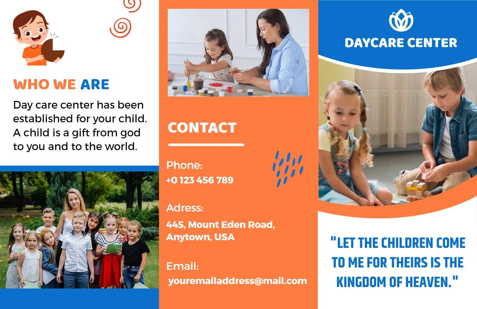 Bright Blue Daycare Center Activities and Contact Brochure Template