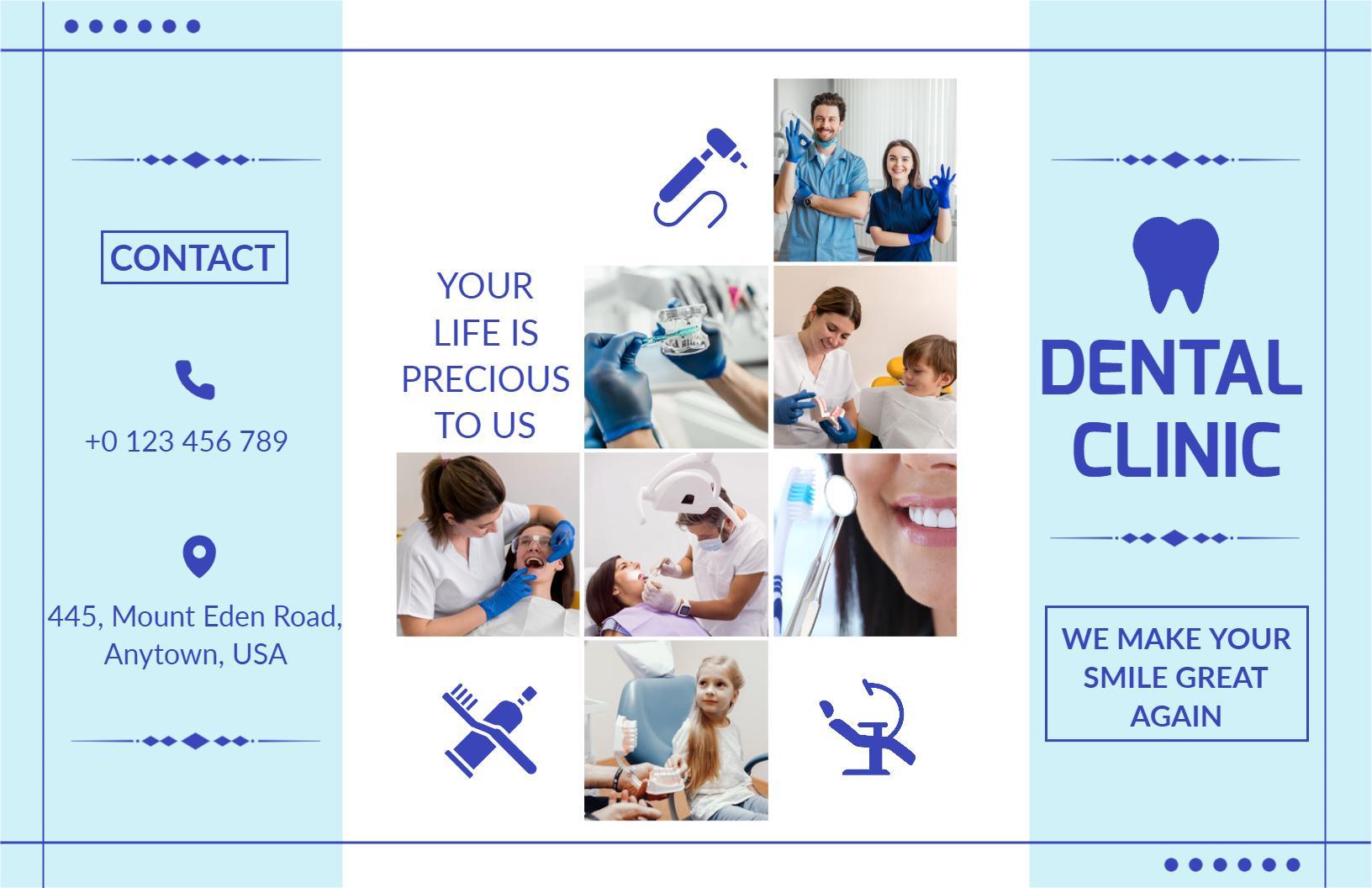 Bright Blue Dental Clinic Services and Care Brochure Template