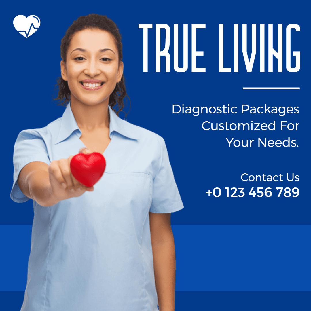Bright Blue Diagnostic Health Packages with Heart Symbol Ad Template