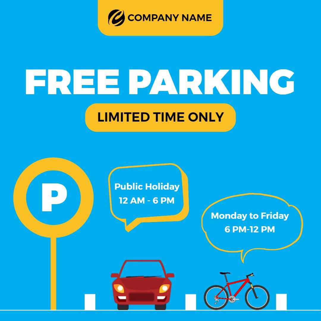 Bright Blue Free Parking Promotion with Vehicle Icons Ad Template