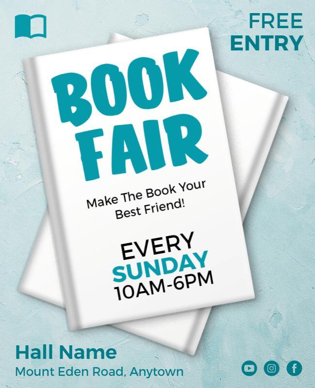 Bright Blue Fun Book Fair Invitation Flyer Template