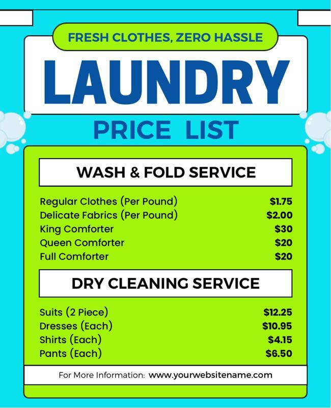Bright Blue Laundry Pricing and Service Details Flyer Template