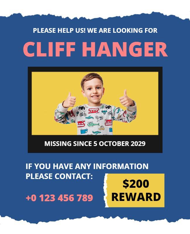 Bright Blue Missing Child Alert Reward Poster Template