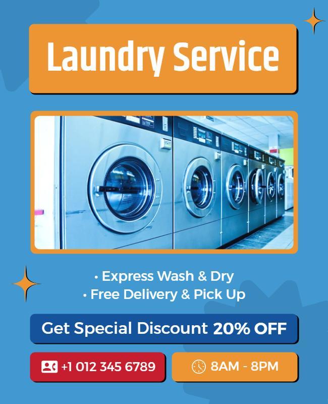 Bright Blue Modern Laundry Service Discount Poster Template