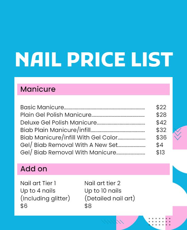 Bright Blue Modern Nail Salon Price List Poster Template