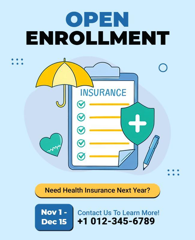Bright Blue Open Enrollment Health Insurance Poster Template