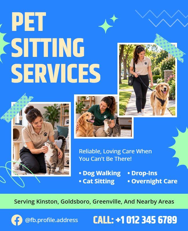 Bright Blue Pet Sitting and Care Services Flyer Template