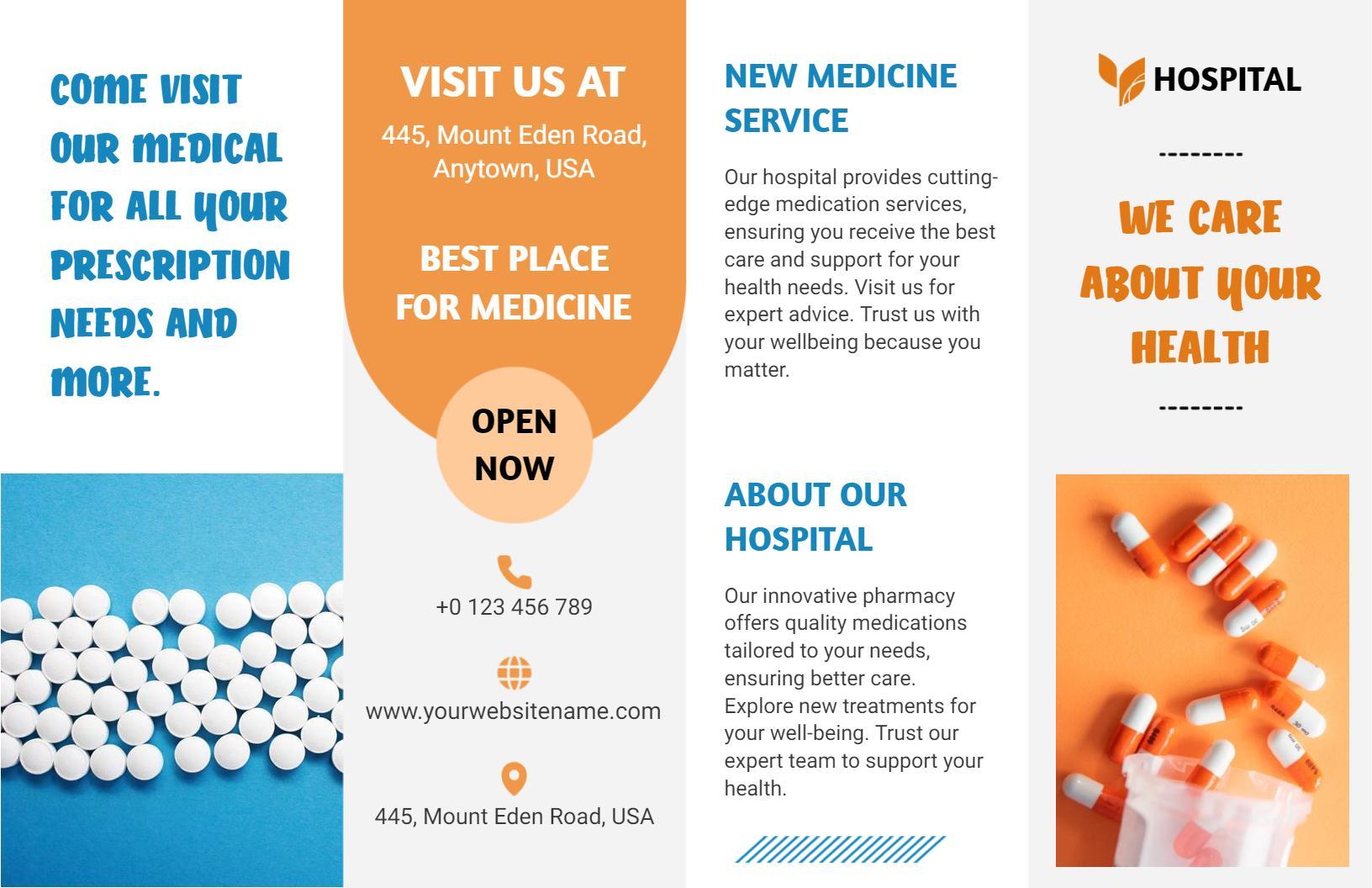 Bright Blue Pharmacy Health Services and Medication Brochure Template
