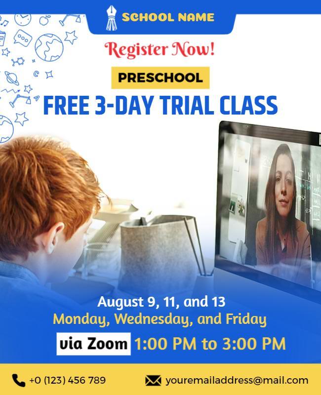 Bright Blue Preschool Free Trial Class Registration Poster Template