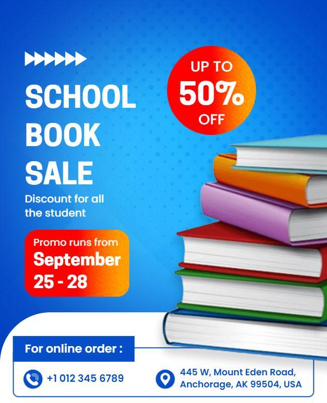 Bright Blue School Book Sale Promotion Poster Template