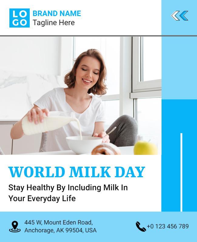 Bright Blue World Milk Day Health Awareness Poster Template