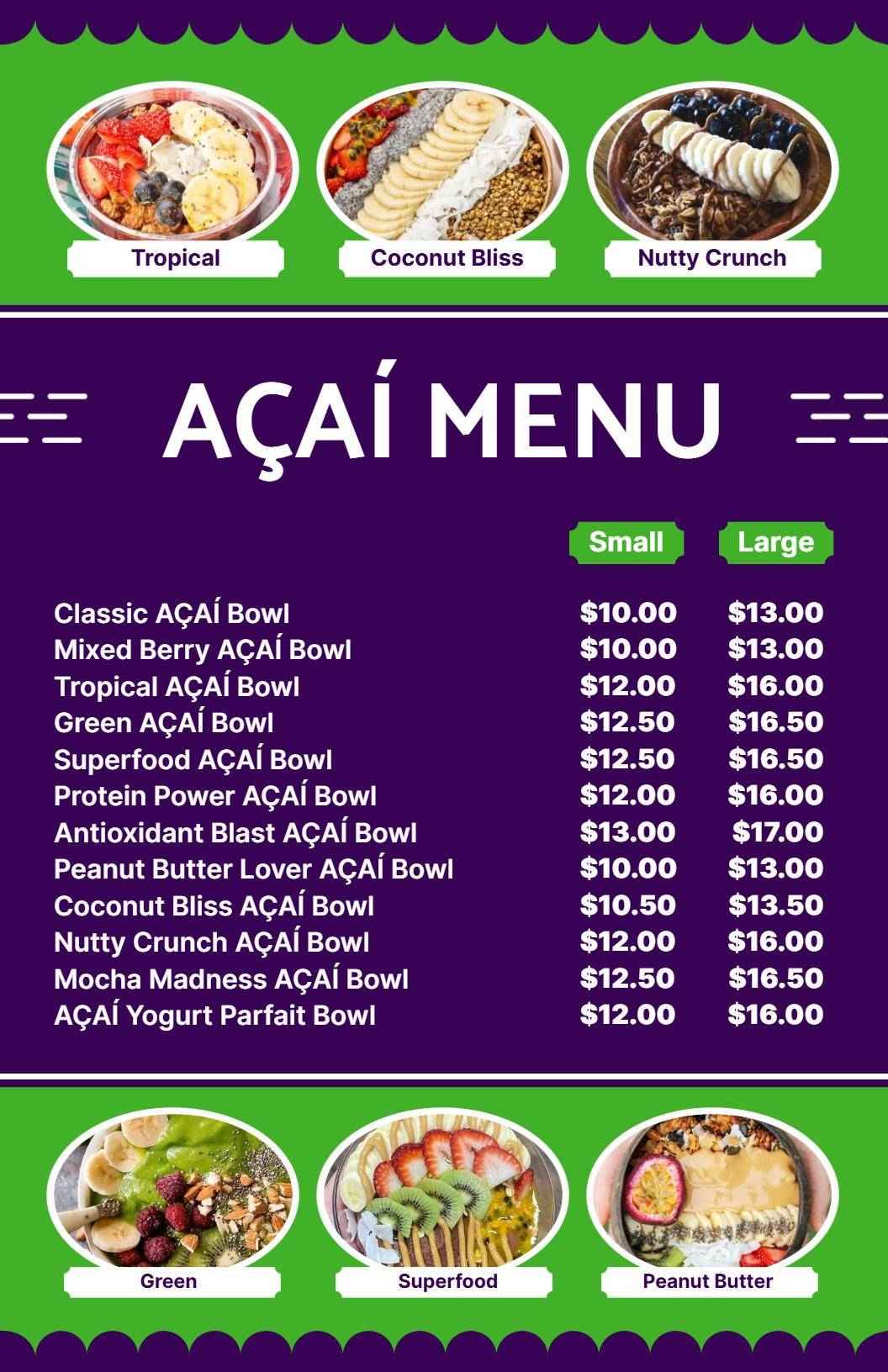 Bright Green and Purple Açaí Bowl Selection Menu Template