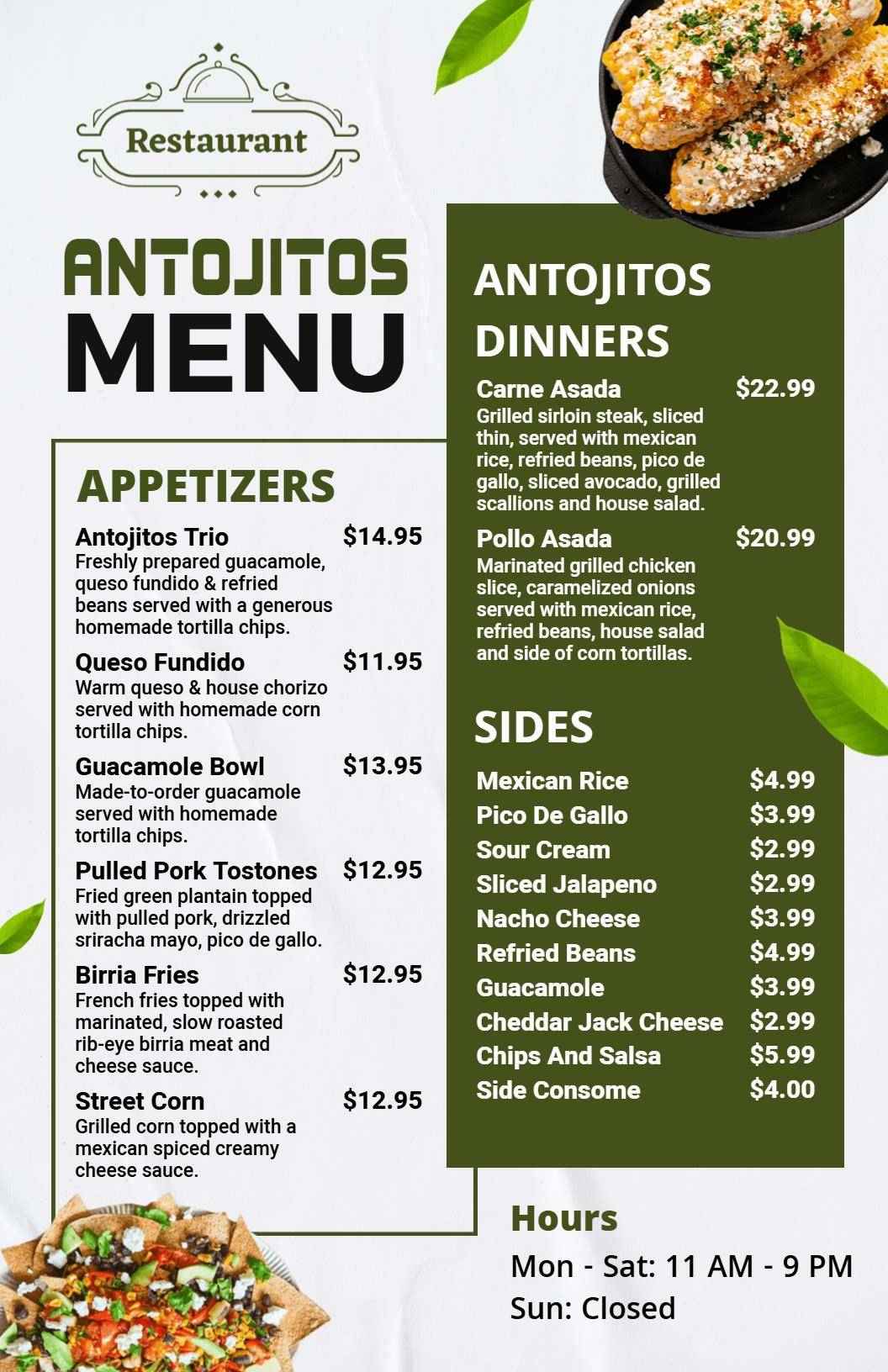Bright Green Appetizer and Sides Antojitos Menu Template