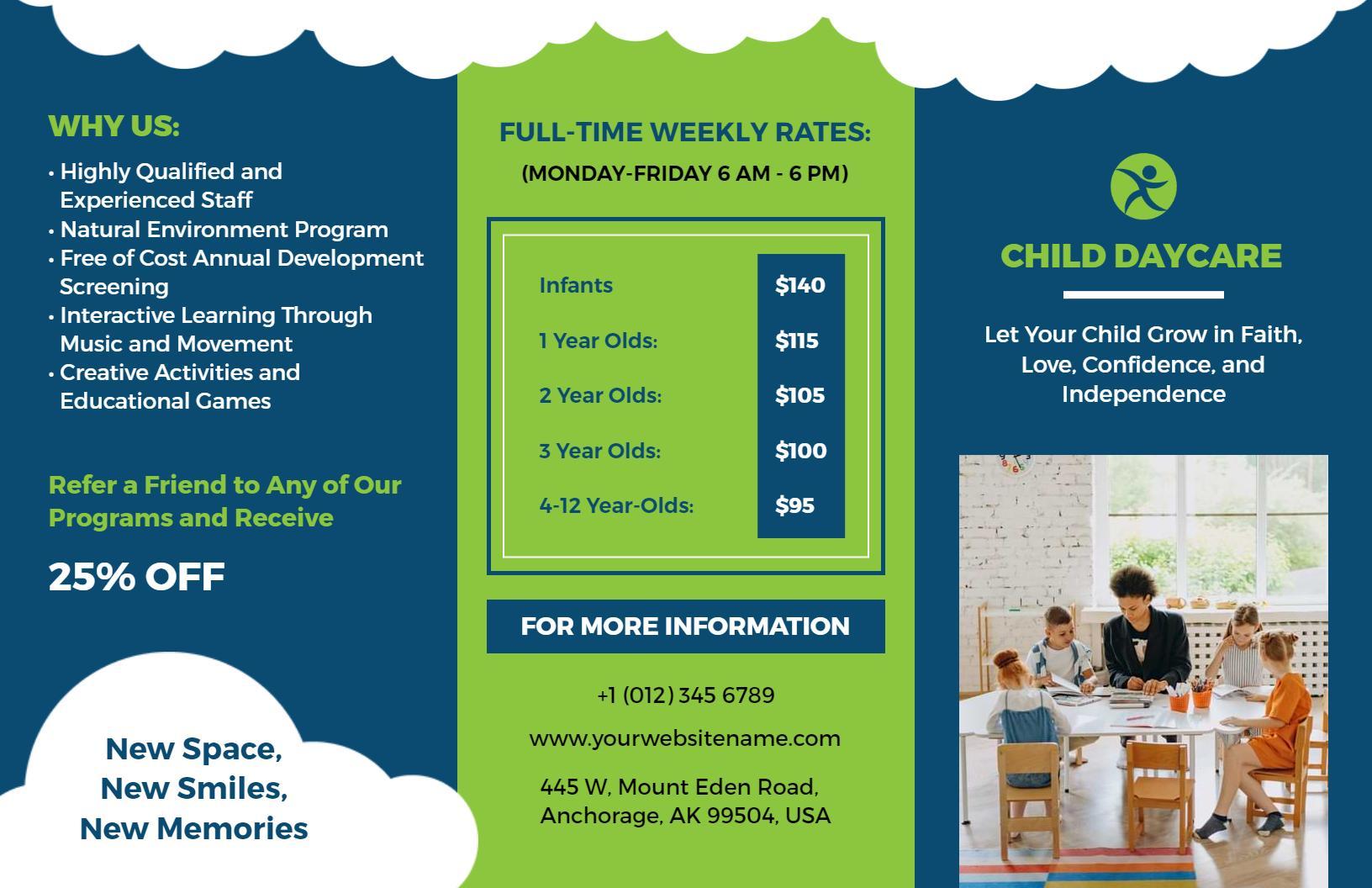 Bright Green Child Daycare Rates and Activities Brochure Template