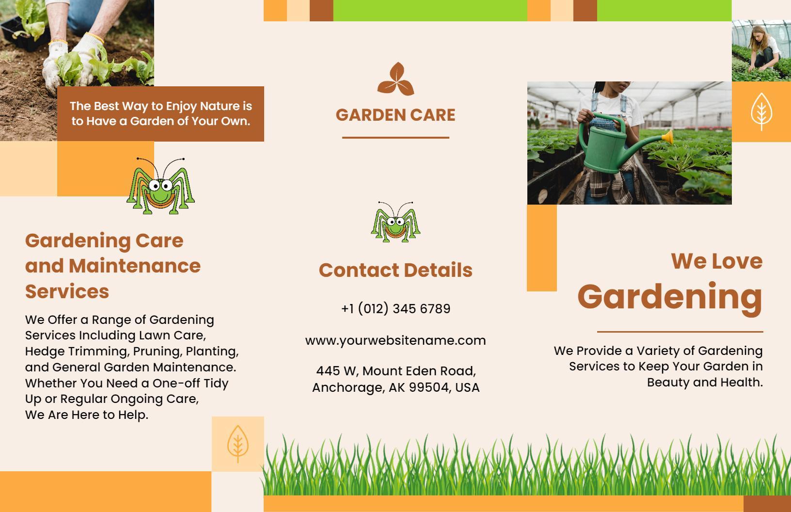Bright Green Gardening Care and Maintenance Services Brochure Template