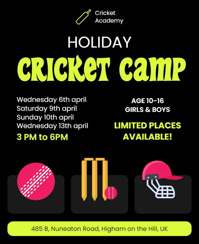 Bright Green Holiday Cricket Camp for Kids Poster Template