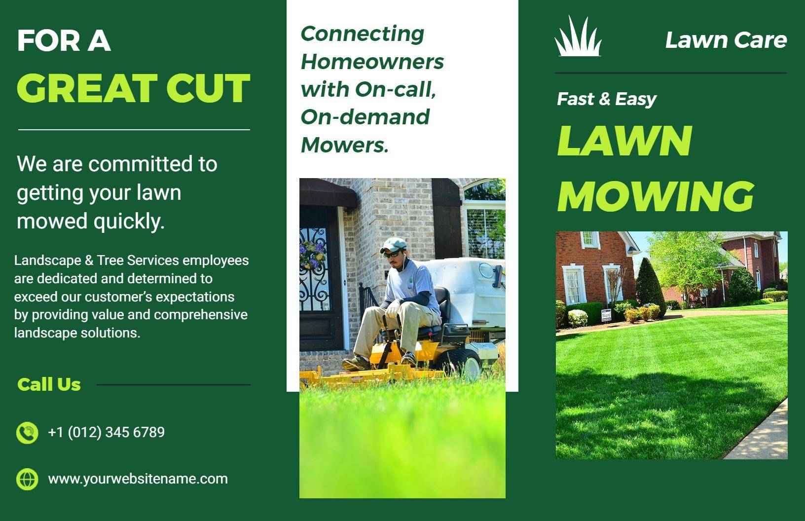 Bright Green Lawn Care Fast and Easy Mowing Services Brochure Template