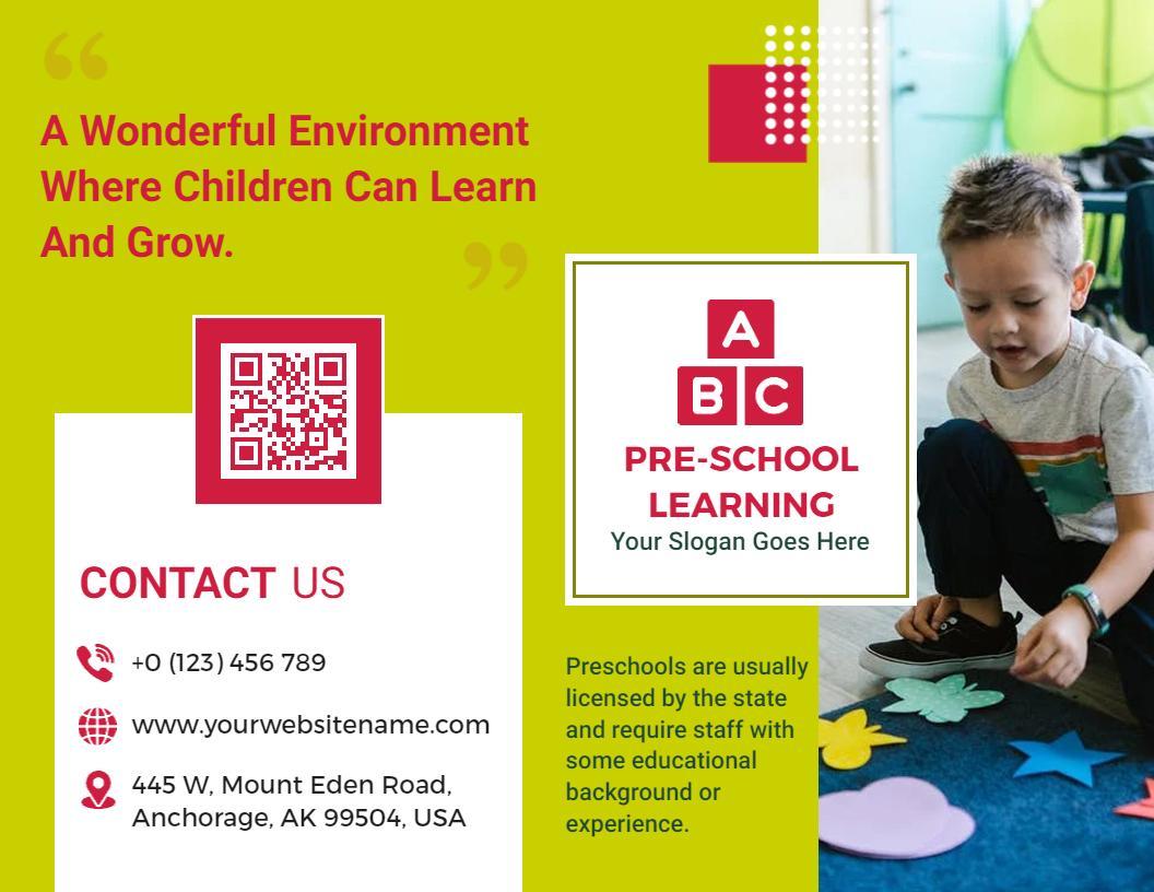 Bright Green Preschool Learning Activities and Growth Brochure Template