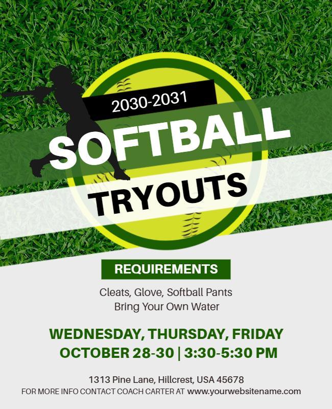 Bright Green Sports Themed Softball Tryouts Poster Template