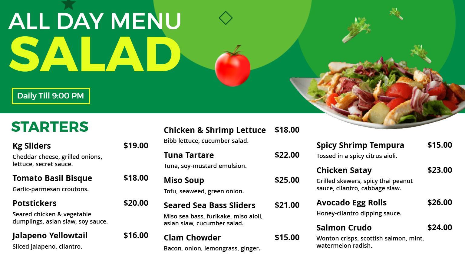 Bright Green Themed All Day Salad Options Menu Template