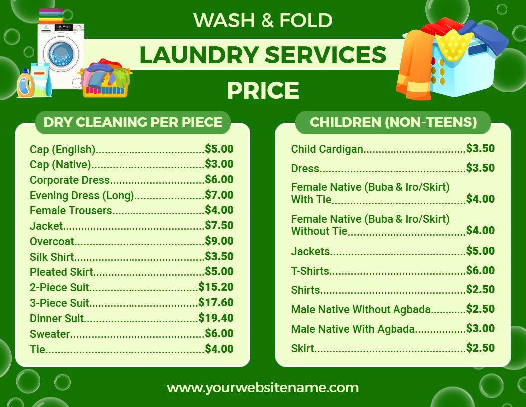 Bright Green Themed Laundry Service Menu Template