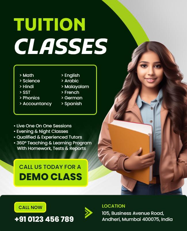 Bright Green Tuition Classes with Experienced Tutors Poster Template