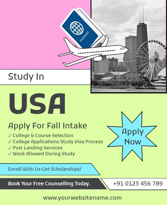 Bright Informative Study Abroad USA Enrollment Poster Template