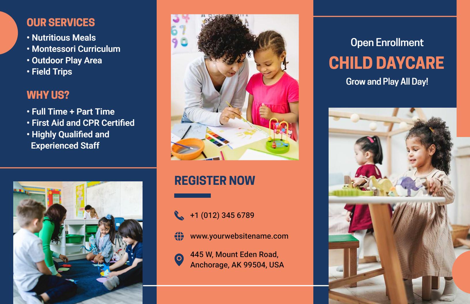 Bright Orange Child Daycare Enrollment Services Brochure Template