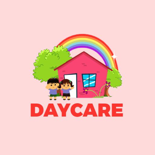 Bright Pink Daycare Logo Featuring Happy Children and Rainbow Logo Template