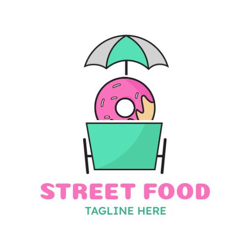 Bright Pink Donut Under Umbrella for Street Food Logo Template