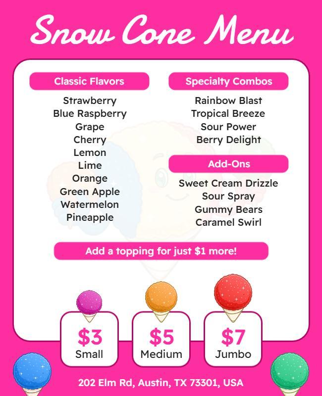 Bright Pink Fun Snow Cone Menu with Flavor Options Poster Template
