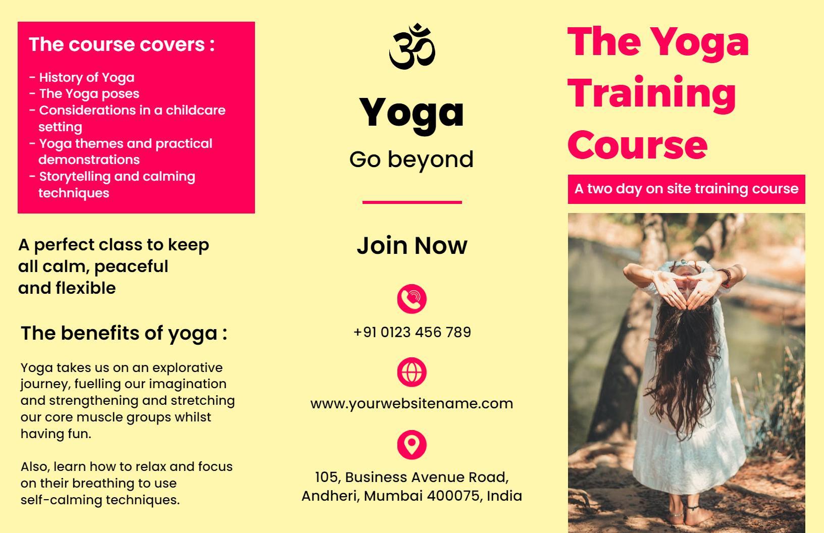 Bright Pink Yoga Training Course and Relaxation Techniques Brochure Template