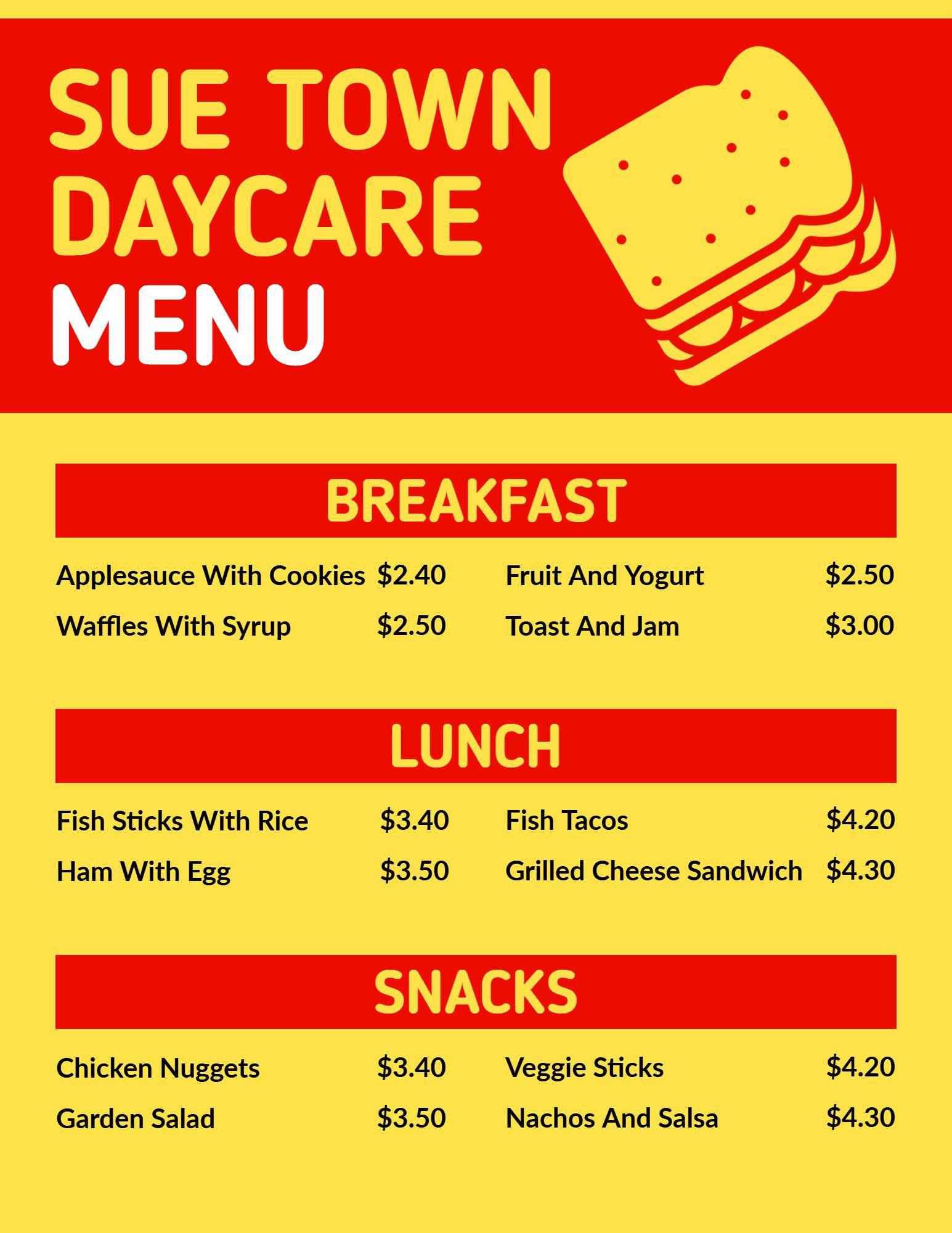 Bright Red and Yellow Kid-Friendly Daycare Meal Menu Template