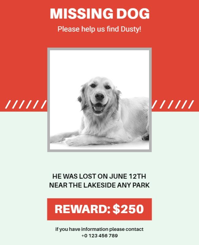 Bright Red Missing Dog Notice with Reward Details Poster Template