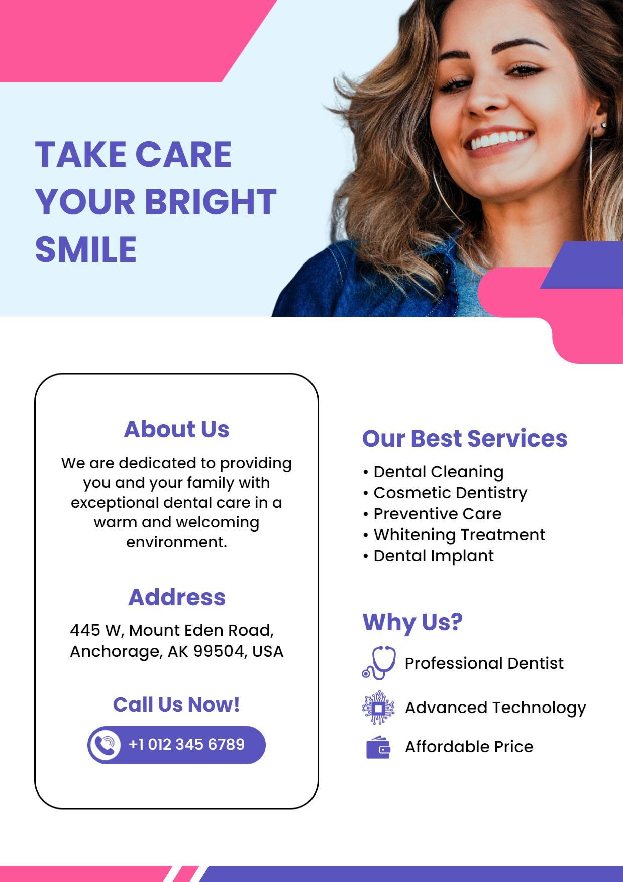 Bright Smile Dental Services A4 Flyer Template