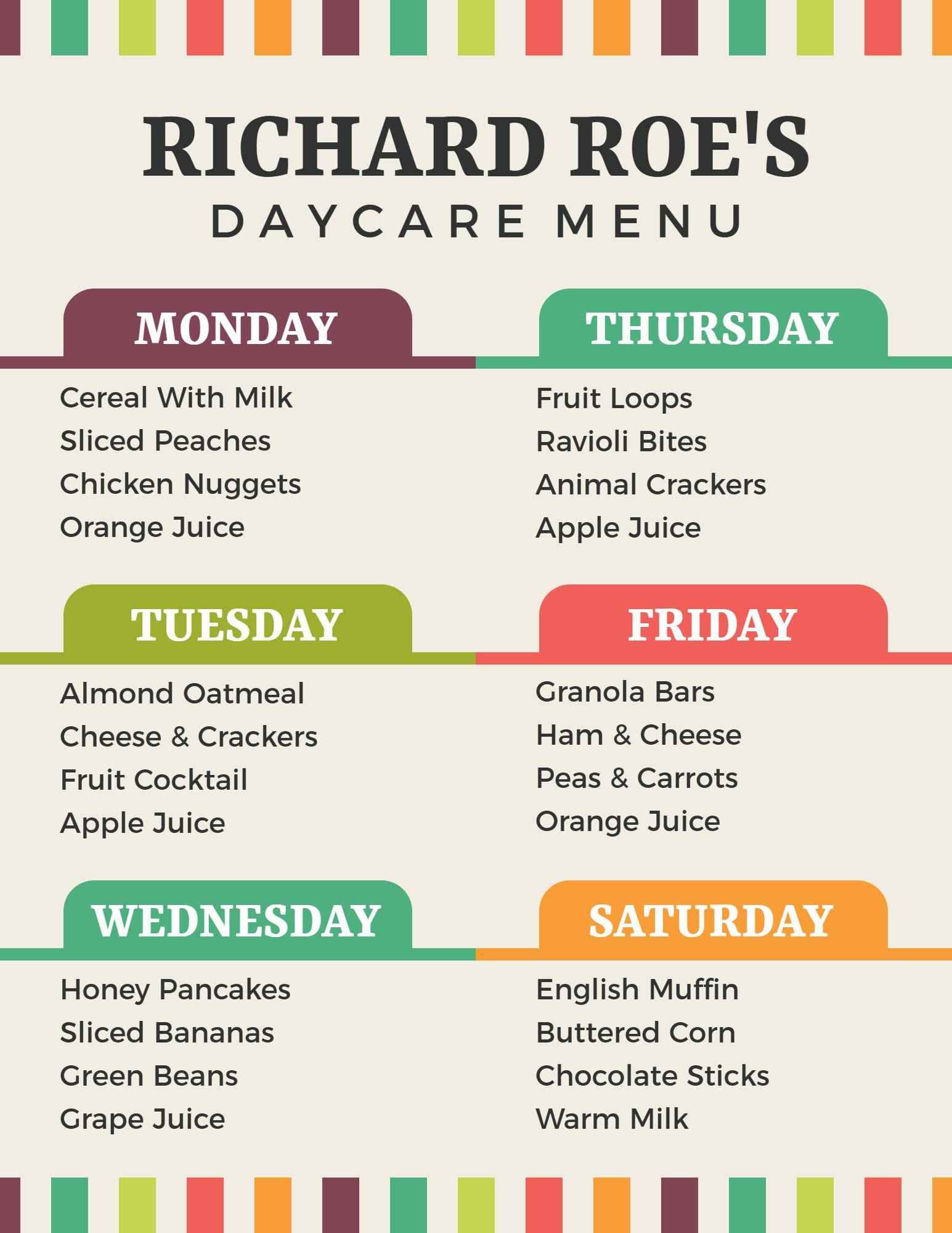 Bright Striped Theme Daycare Center Menu Template
