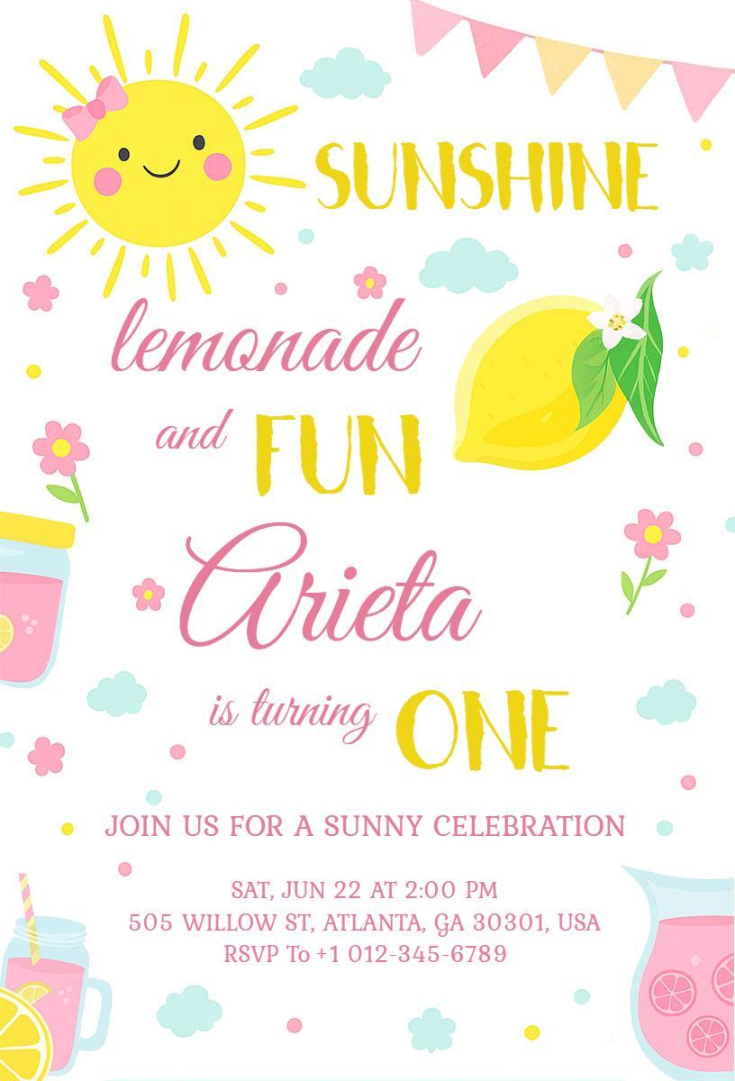 Bright Sunshine Lemonade 1st Birthday Celebration Invitation Template