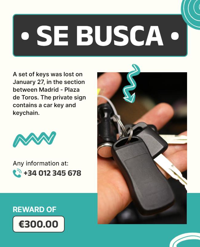 Bright Teal Lost Keys Reward Notice Poster Template