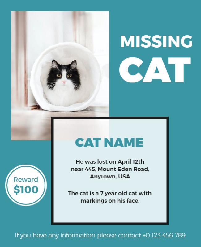 Bright Teal Missing Cat Alert with Reward Poster Template