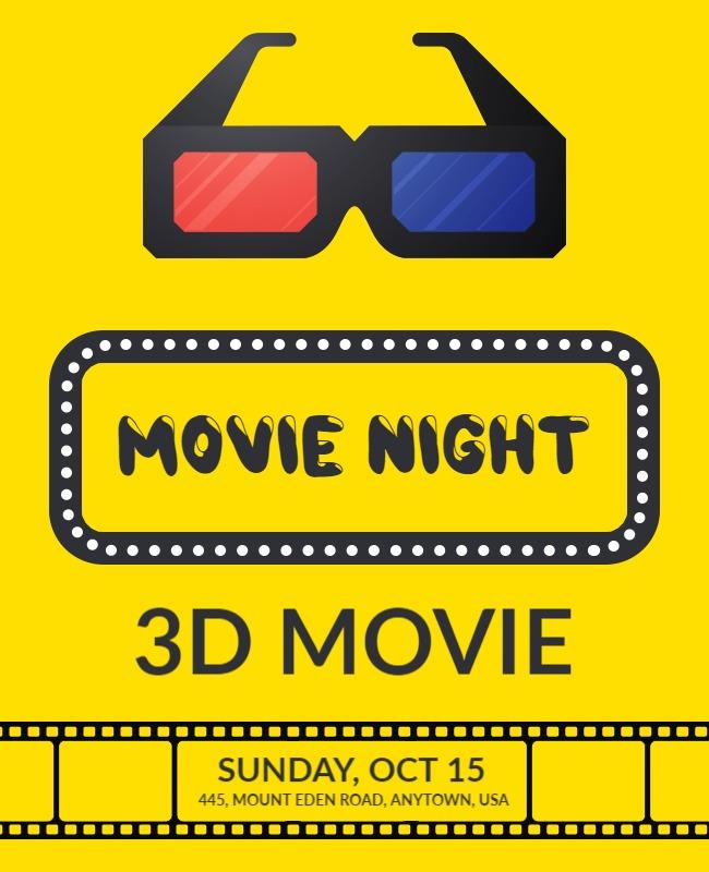Bright Yellow 3D Movie Night Celebration Poster Template