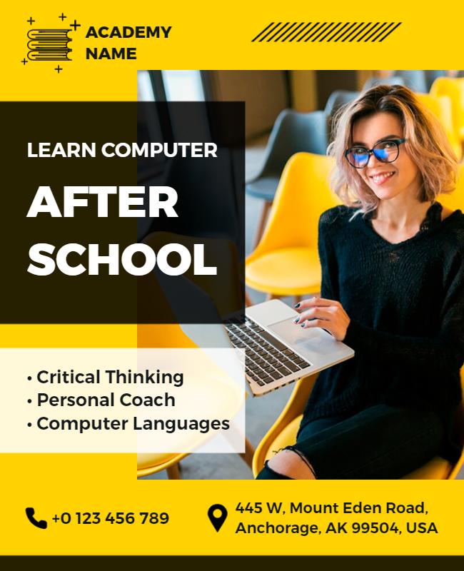 Bright Yellow After School Computer Learning Academy Poster Template