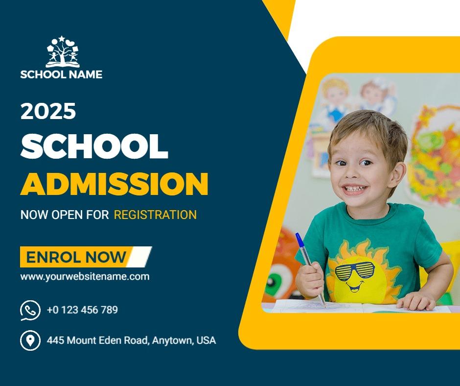 Bright Yellow and Blue 2025 School Admission Registration Ad Template