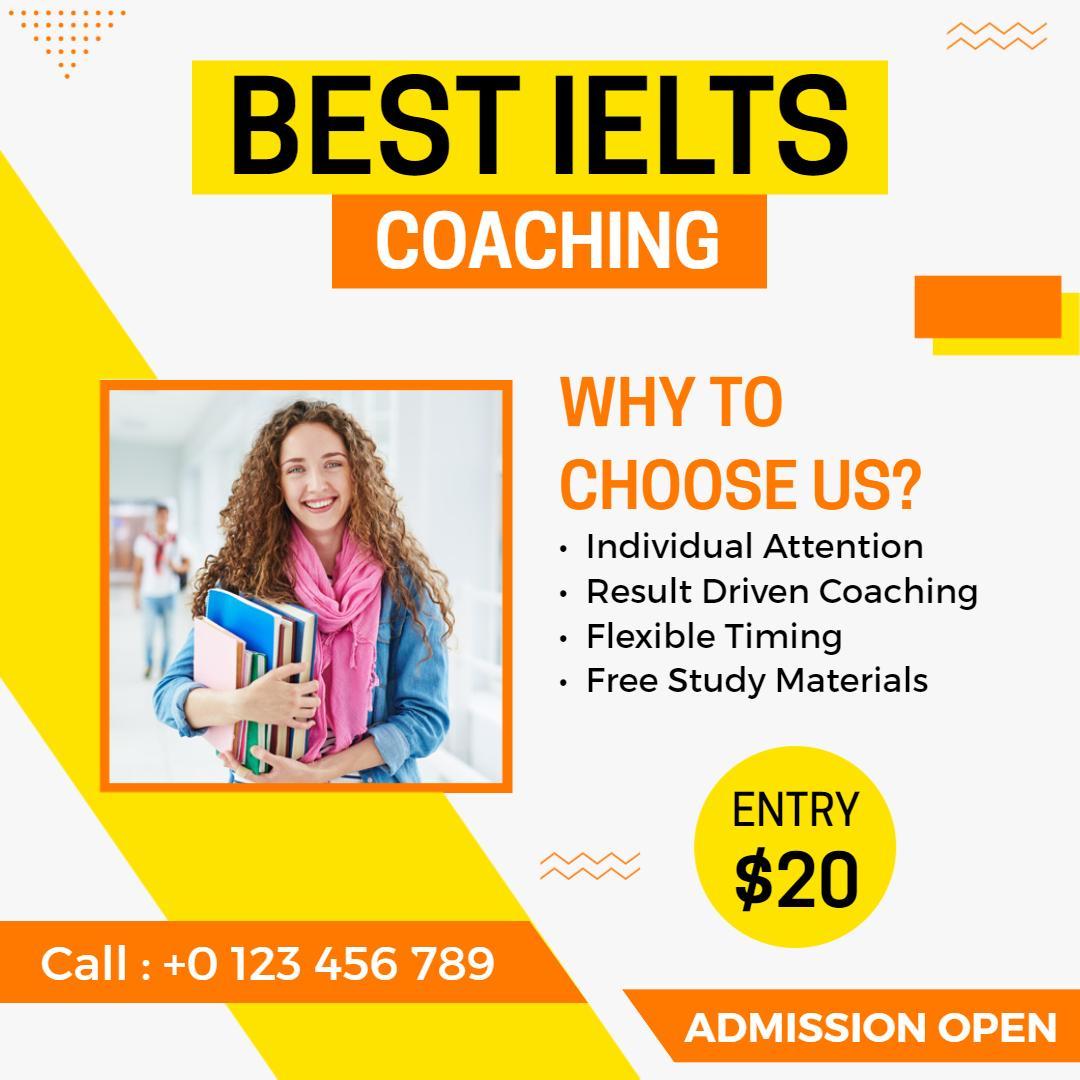 Bright Yellow and Blue IELTS Coaching with Study Materials Ad Template