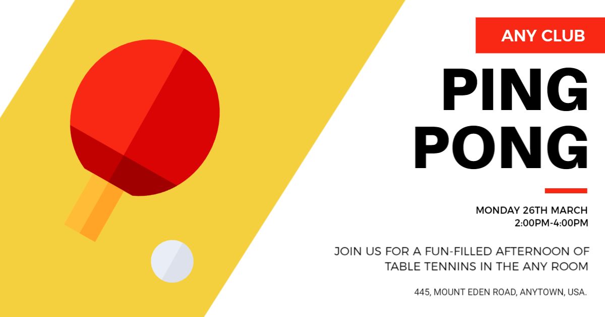 Bright Yellow and Red Table Tennis Sports Club Event Banner Template