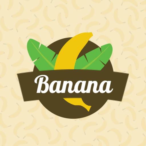 Bright Yellow Banana with Green Leaves Badge Logo Template