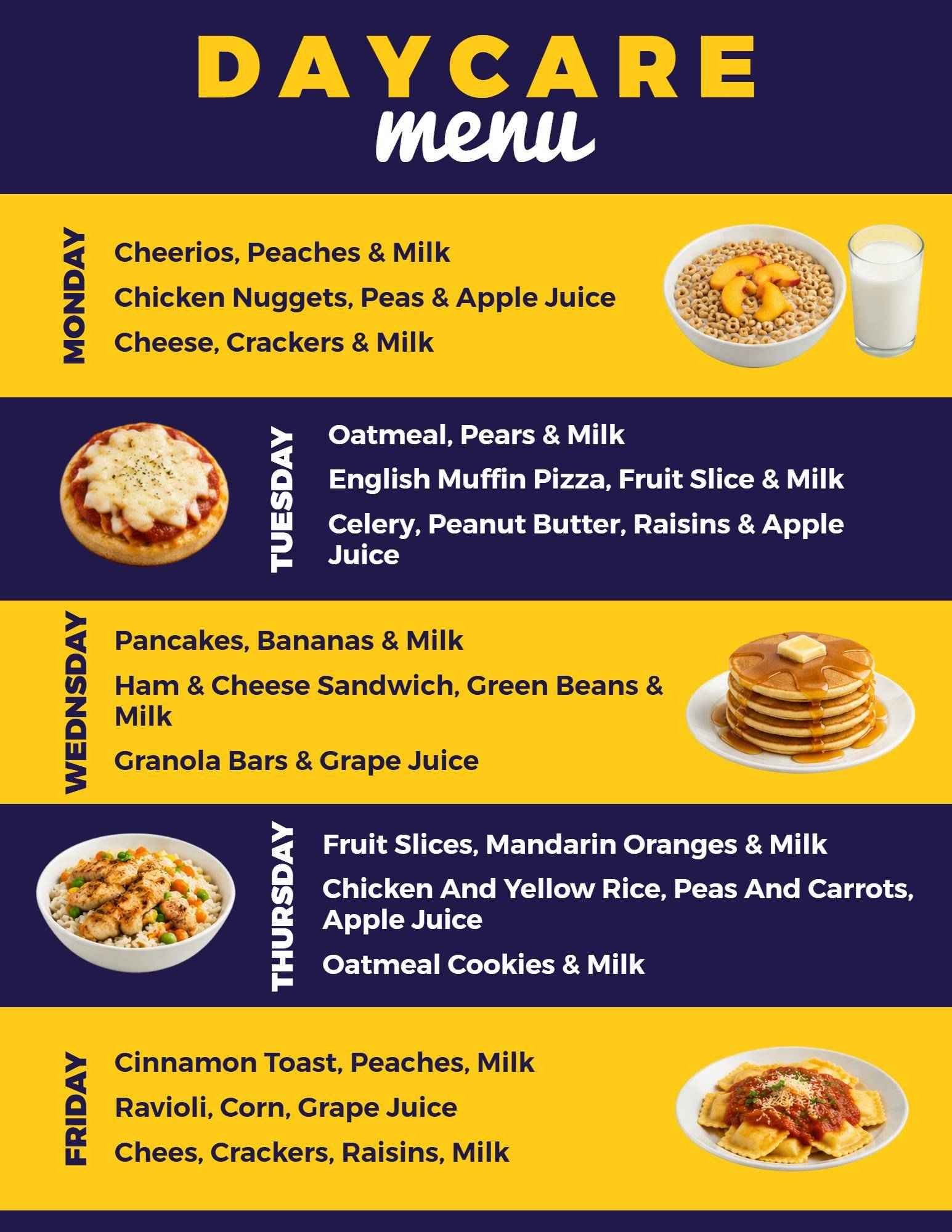 Bright Yellow Breakfast and Lunch Daycare Menu Template