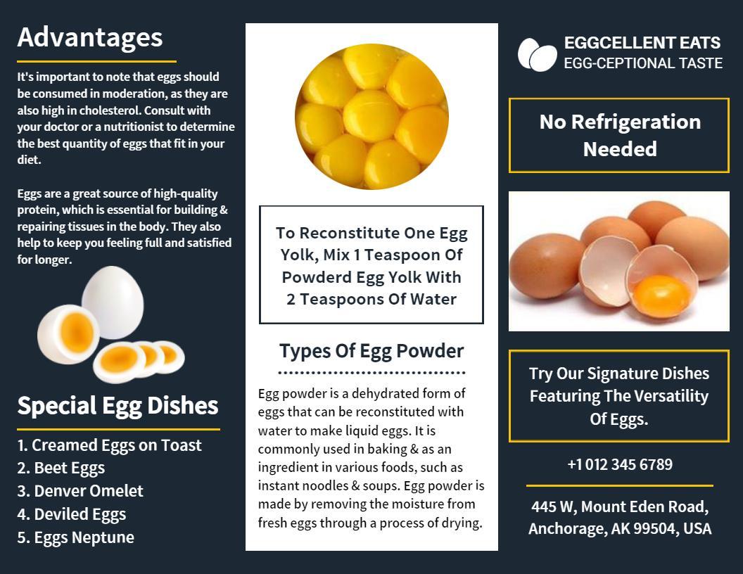 Bright Yellow Egg Powder Benefits and Signature Dishes Tri Fold Brochure Template