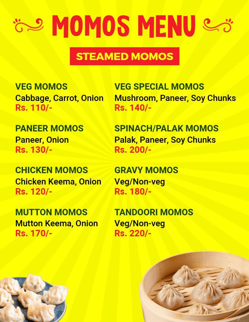 Bright Yellow Gourmet Steamed Momos Menu Template
