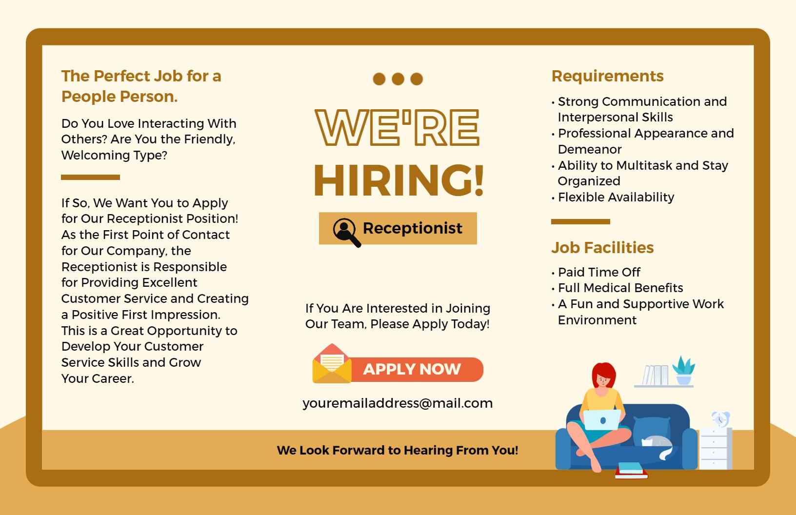 Bright Yellow Hiring Receptionist Job Opportunity Brochure Template
